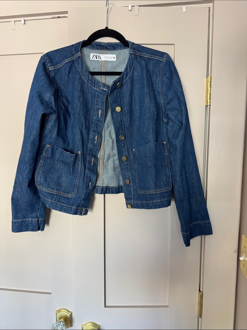 ZARA Dark Blue Collarless Denim Jacket